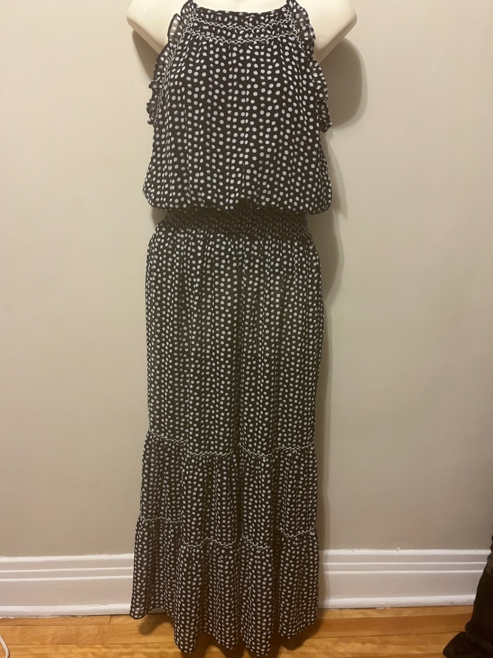 Max Studio Black and White Polka Dot Halter Top Smocked Waist Tiered Maxi Dress